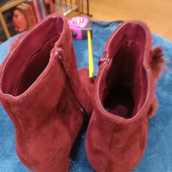 EUC Burgundy Suede Pom-Pom Ankle Boots - Picture 5 of 5
